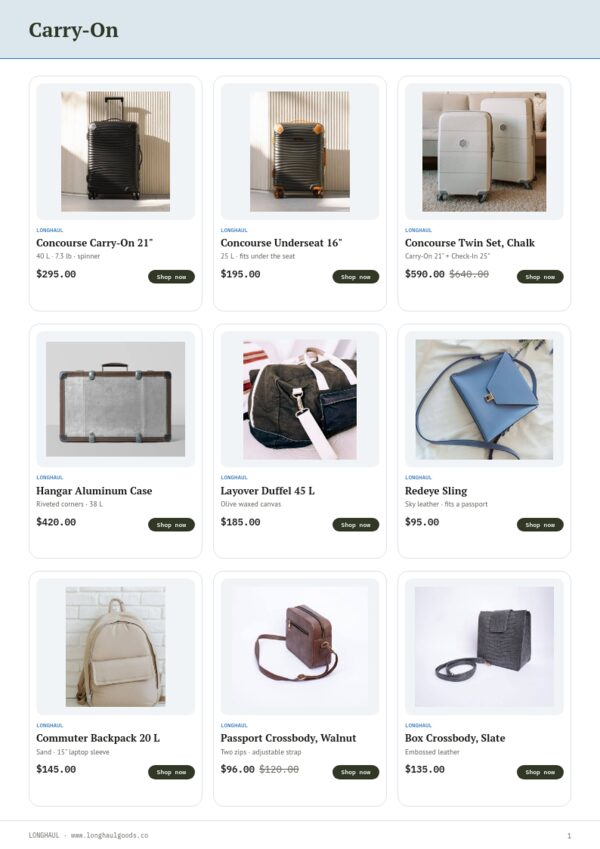 Bags & Luggage Premium — product page, 3 × 3 grid