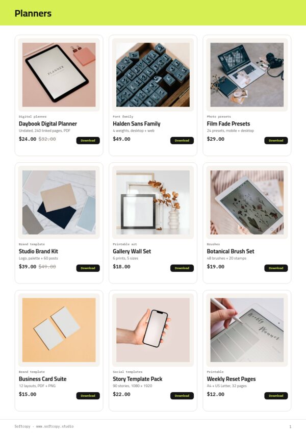 Digital Products Premium — product page, 3 × 3 grid