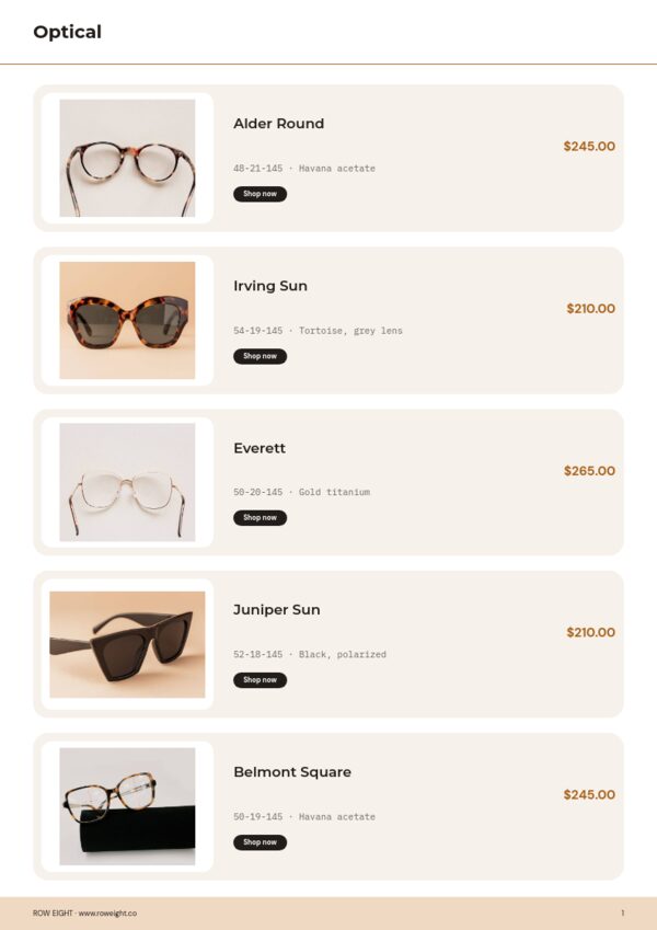 Eyewear Premium — product page, Line sheet