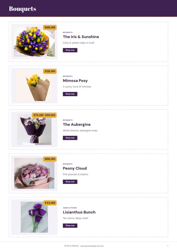Flowers & Gifts Premium — product page, Line sheet