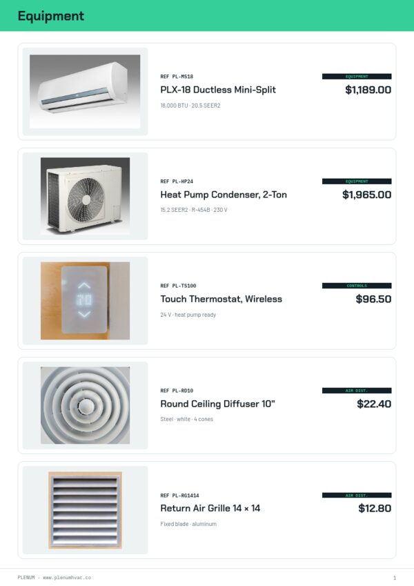 HVAC Supplies Premium — product page, Line sheet