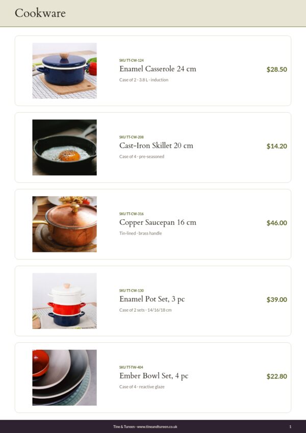 Kitchen & Dining Premium — product page, Line sheet