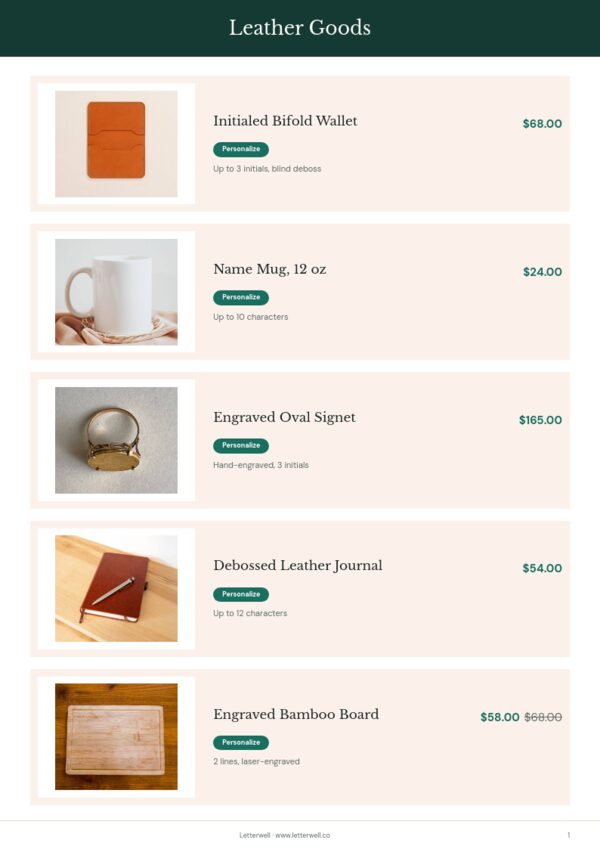 Personalized Products Premium — product page, Line sheet