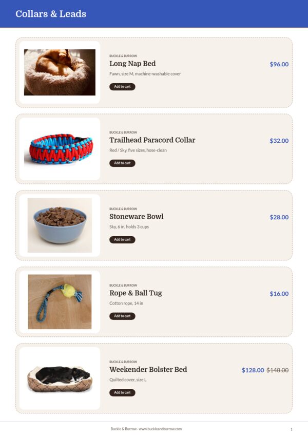Pet Supplies Premium — product page, Line sheet