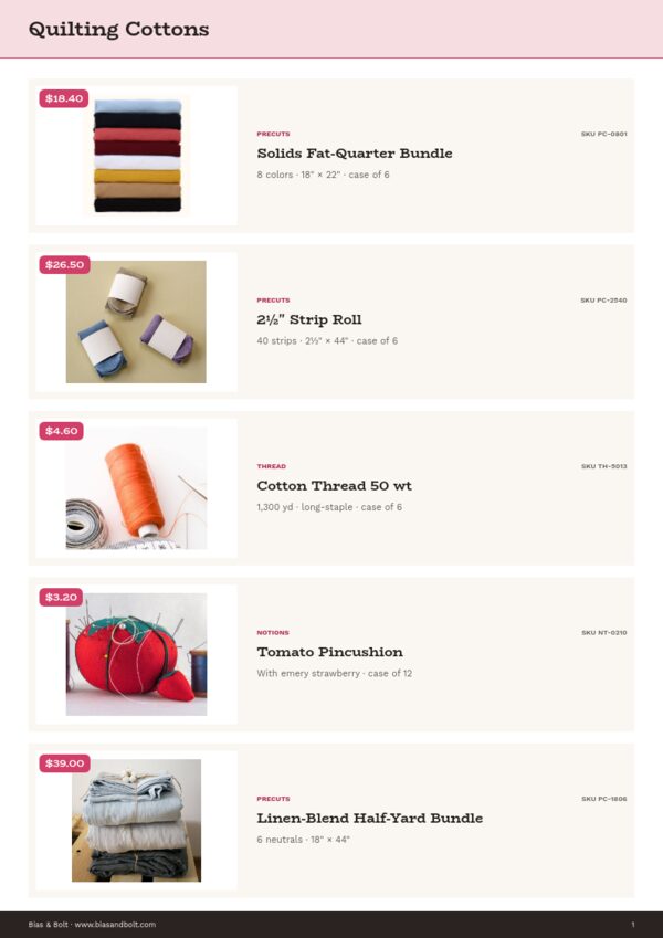 Sewing & Quilting Premium — product page, Line sheet