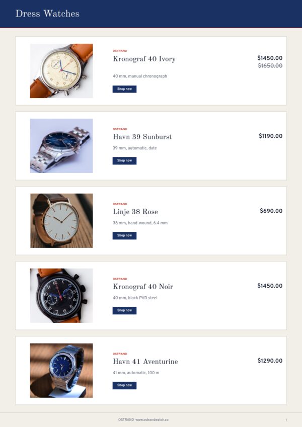 Watches Premium — product page, Line sheet
