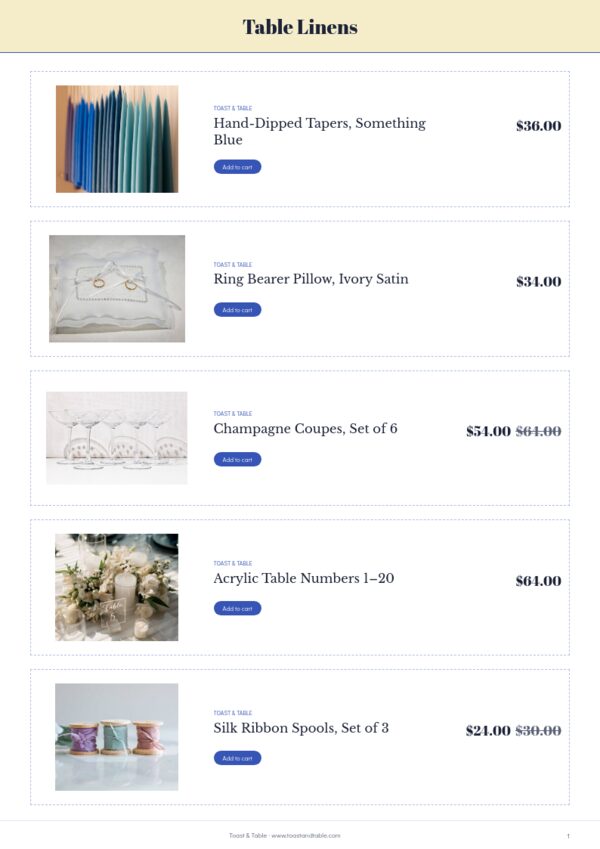 Wedding Supplies Premium — product page, Line sheet
