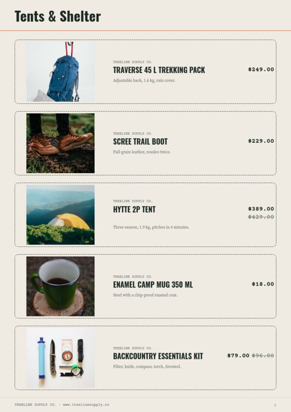 Outdoor & Adventure — product page, Line sheet