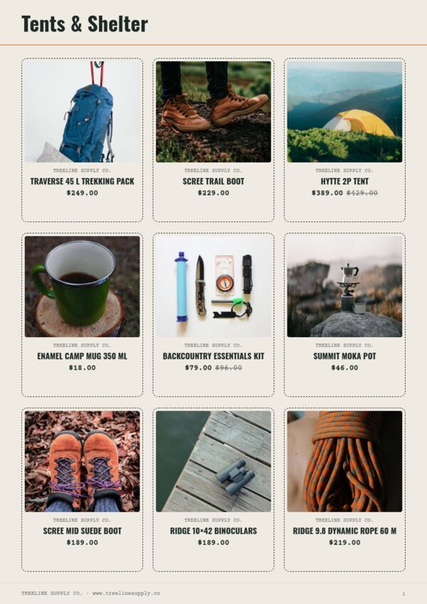 Outdoor & Adventure — product page, 3 × 3 grid