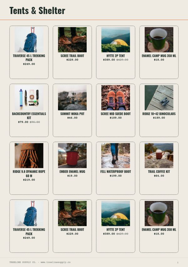 Outdoor & Adventure — product page, 4 × 4 grid