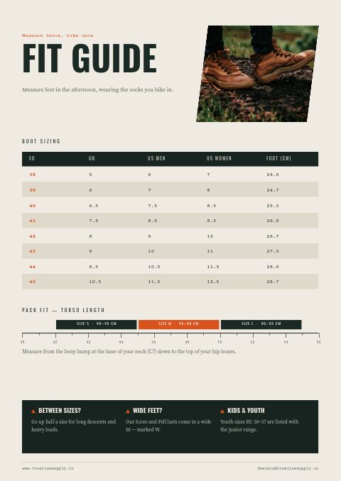 Outdoor & Adventure — Size / Spec Guide page