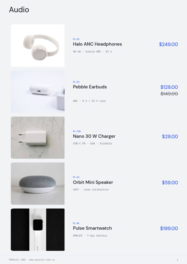 Electronics & Tech — product page, Line sheet