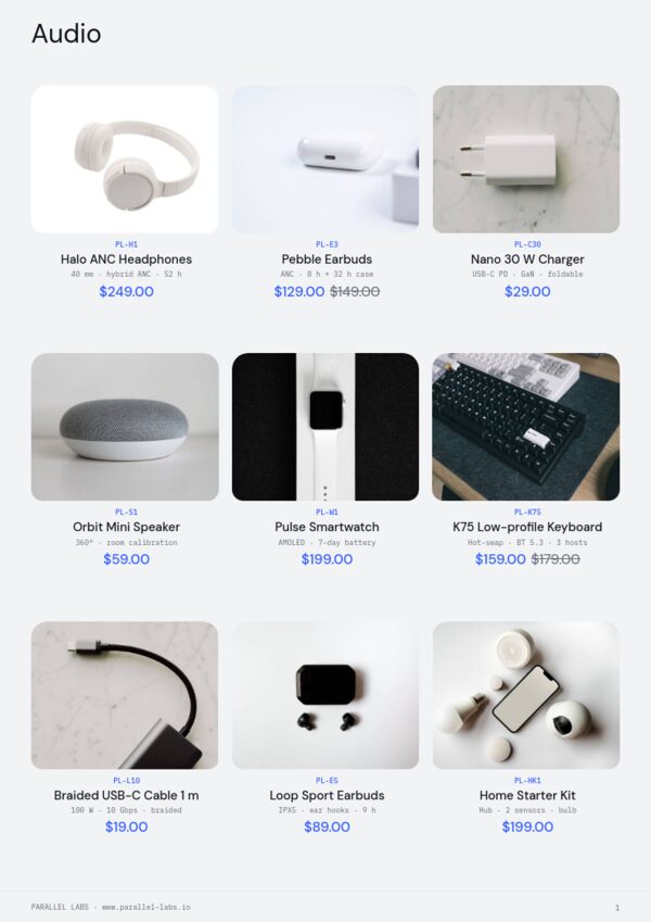 Electronics & Tech — product page, 3 × 3 grid
