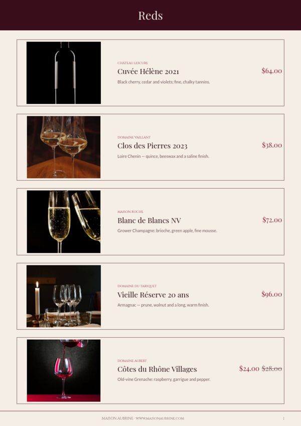 Wine & Spirits — product page, Line sheet