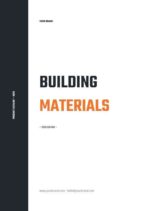 Building materials catalog cover in white and graphite with a dark sideband and an orange MATERIALS headline