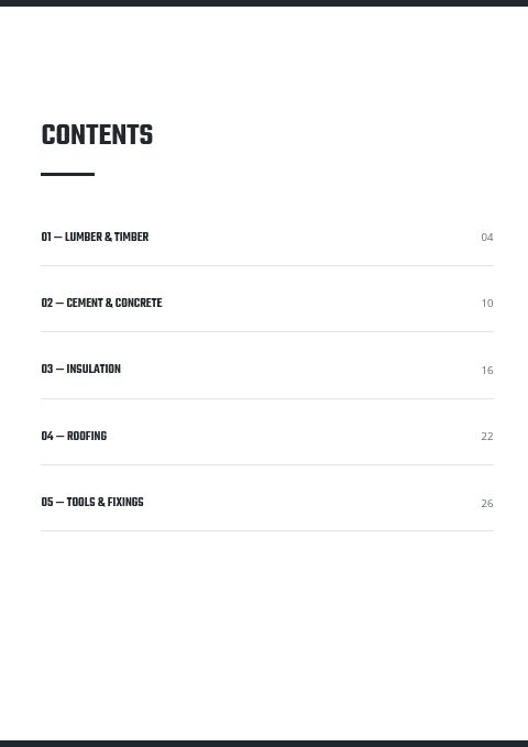 Building Materials — Contents page
