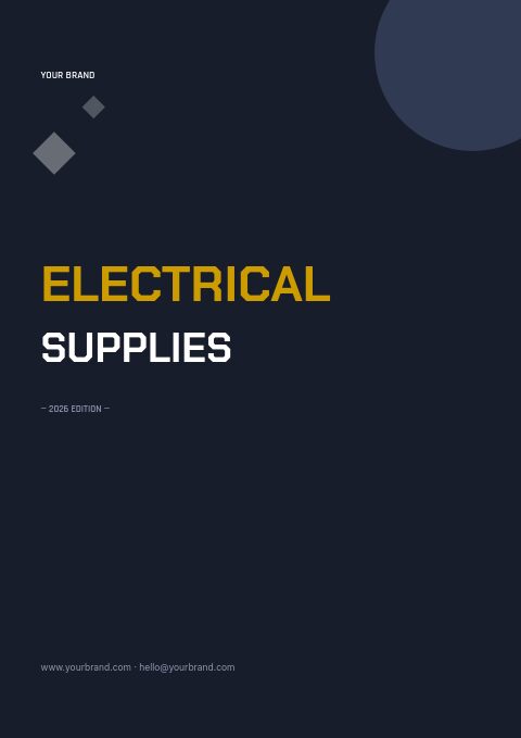 Electrical supplies catalog cover in midnight navy with a volt-yellow headline, a large circle and small diamonds