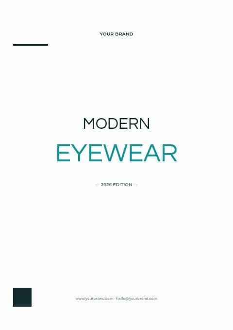 Minimal eyewear catalog cover on optical white: MODERN in near-black over EYEWEAR in teal, a thin rule, a dark square