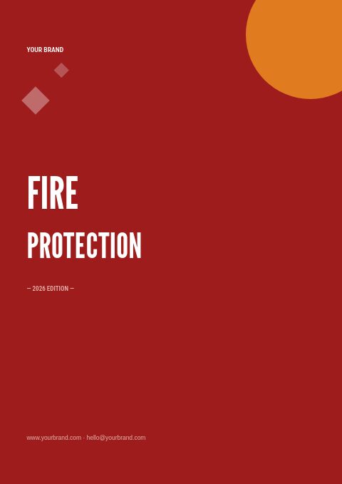 Fire Protection catalog cover with stacked League Gothic title on alarm red and a 2026 edition line