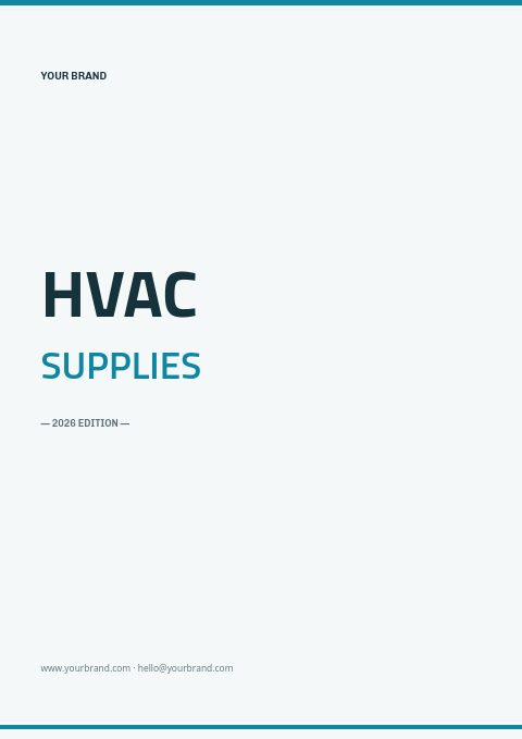 HVAC supplies catalog cover on pale ice blue with thin cyan rules and a deep teal and cyan headline