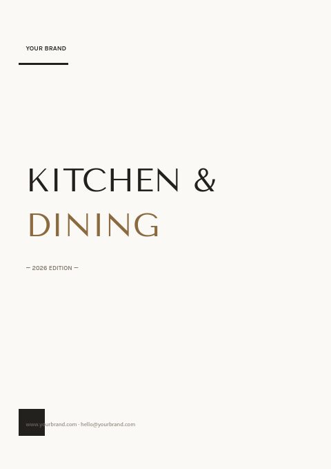 Kitchen and dining catalog cover in porcelain white with KITCHEN & in charcoal and DINING in brass Tenor Sans capitals