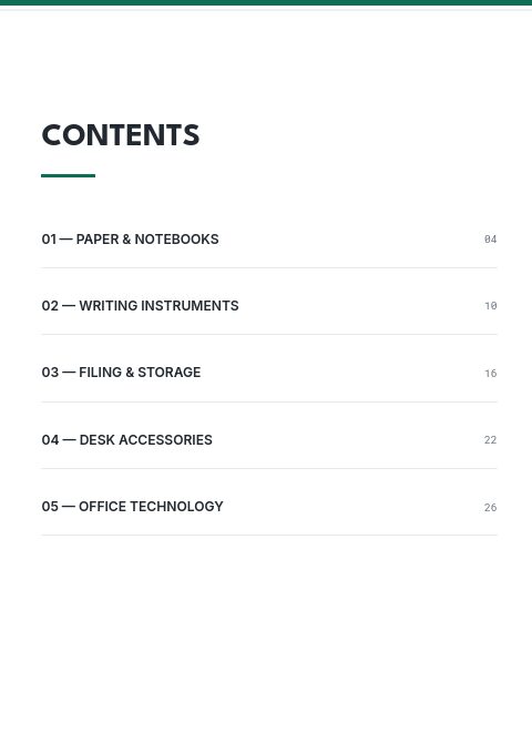 Office Supplies — Contents page