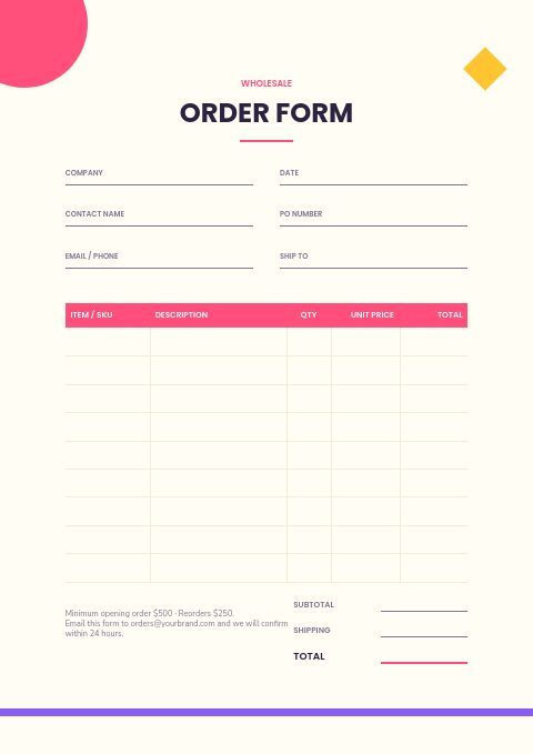 Party Supplies — Order form page