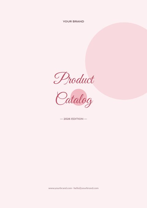 Soft Blush catalog cover: Product Catalog in rose script on a blush pink page with soft pink circles