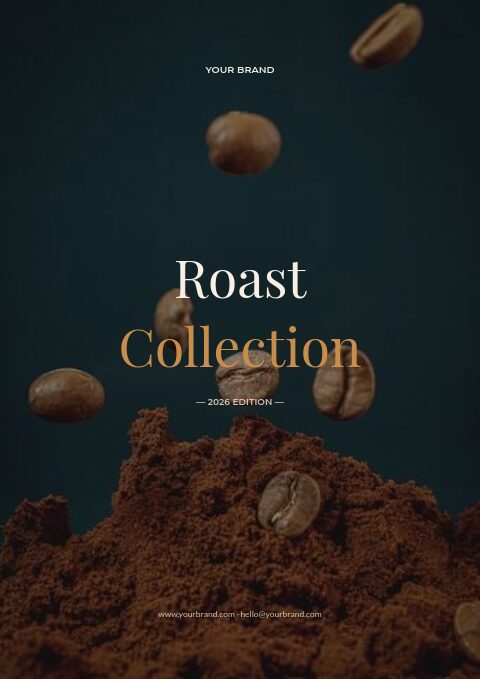 Coffee catalog photo cover of roasted beans falling across the page, with a Playfair Display Roast Collection title