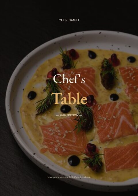 Catering catalog cover with a dark photo of a salmon dish in a speckled bowl and a Chef's Table title in EB Garamond