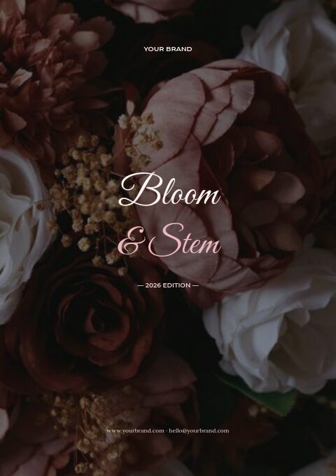 Bloom & Stem catalog photo cover with dark, moody florals and a flowing Great Vibes script title