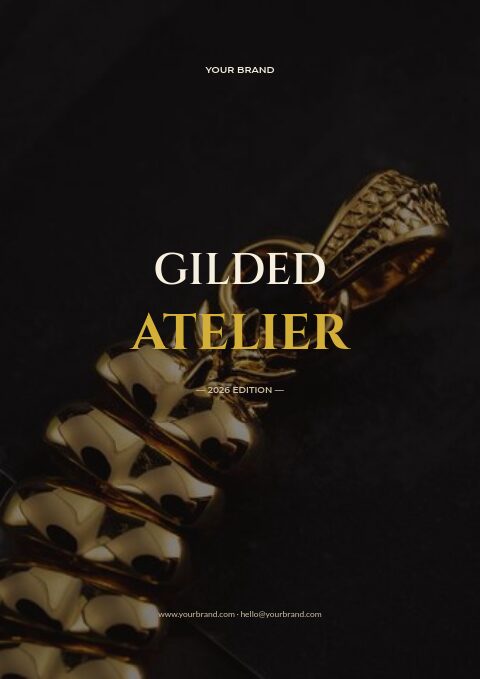 Dark jewelry brochure cover with a macro photo of a heavy gold chain and pendant and Gilded Atelier in ivory and gold