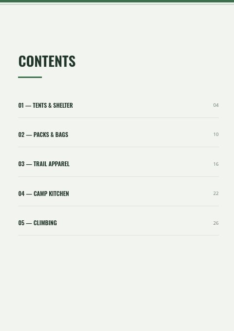 Alpine Outdoor — Contents page