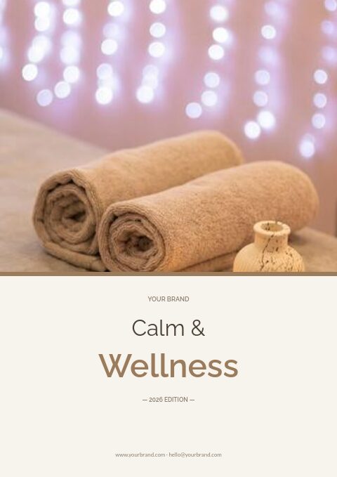 Spa catalog cover with a photo of rolled taupe towels above a cream panel reading Calm & Wellness in Raleway