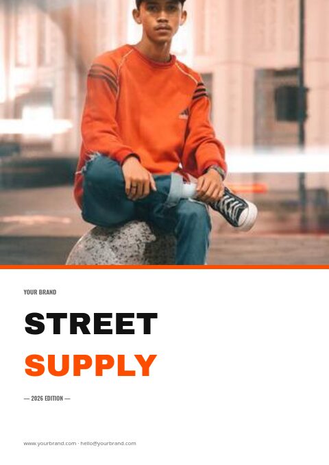 Young man in an orange sweatshirt in a night city above Street Supply in black and orange, a streetwear catalog cover
