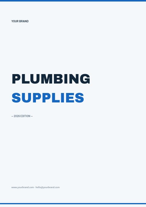 Plumbing supplies catalog cover on pale blue-white with cobalt rules and a navy and cobalt heavy headline