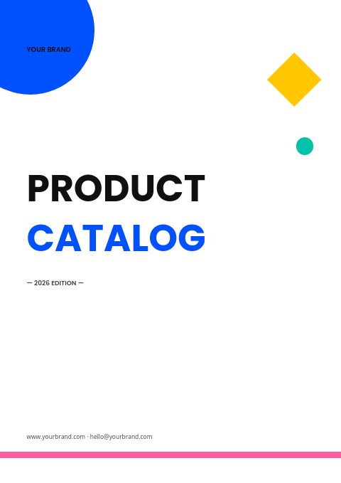 Geometric Pop catalog cover: PRODUCT CATALOG in black and blue Poppins with a blue corner circle and yellow diamond