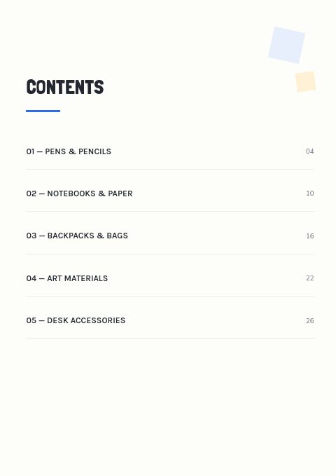 School Supplies — Contents page