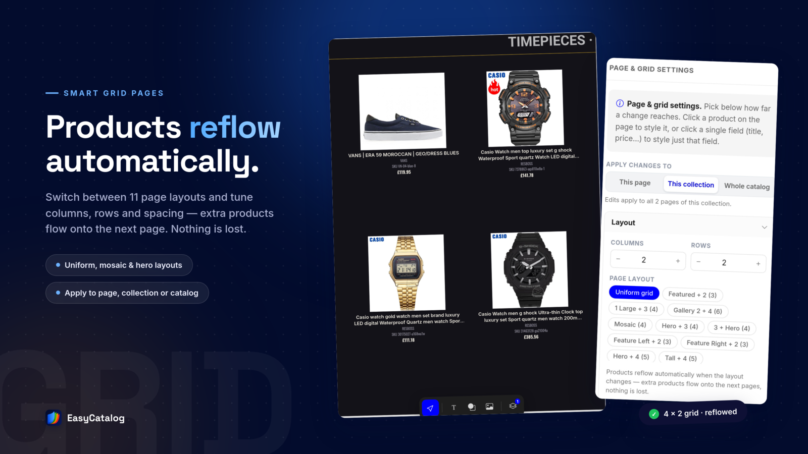 Grid page layouts with automatic reflow