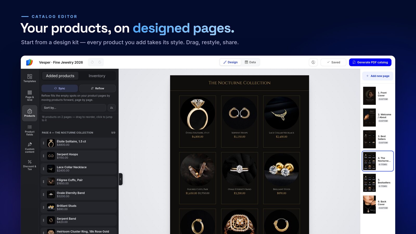 The EasyCatalog editor with a jewelry catalog: a product page of rings and earrings, the product list and the catalog pages