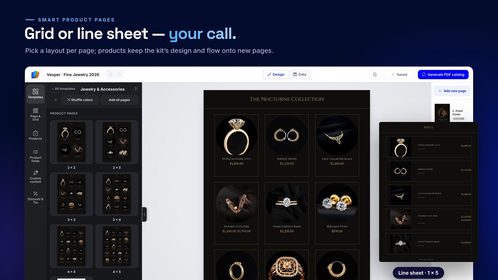 Product page layouts in the Templates panel next to a jewelry product page, with a line sheet version