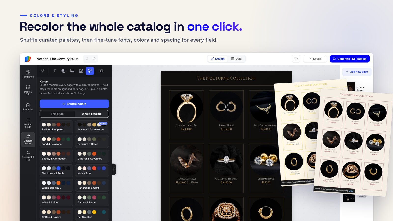 The Colors panel with curated palettes recoloring a jewelry product page, with two recolored versions