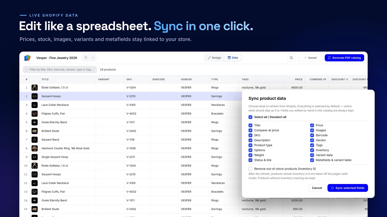 The spreadsheet data view of jewelry products and the Sync product data dialog