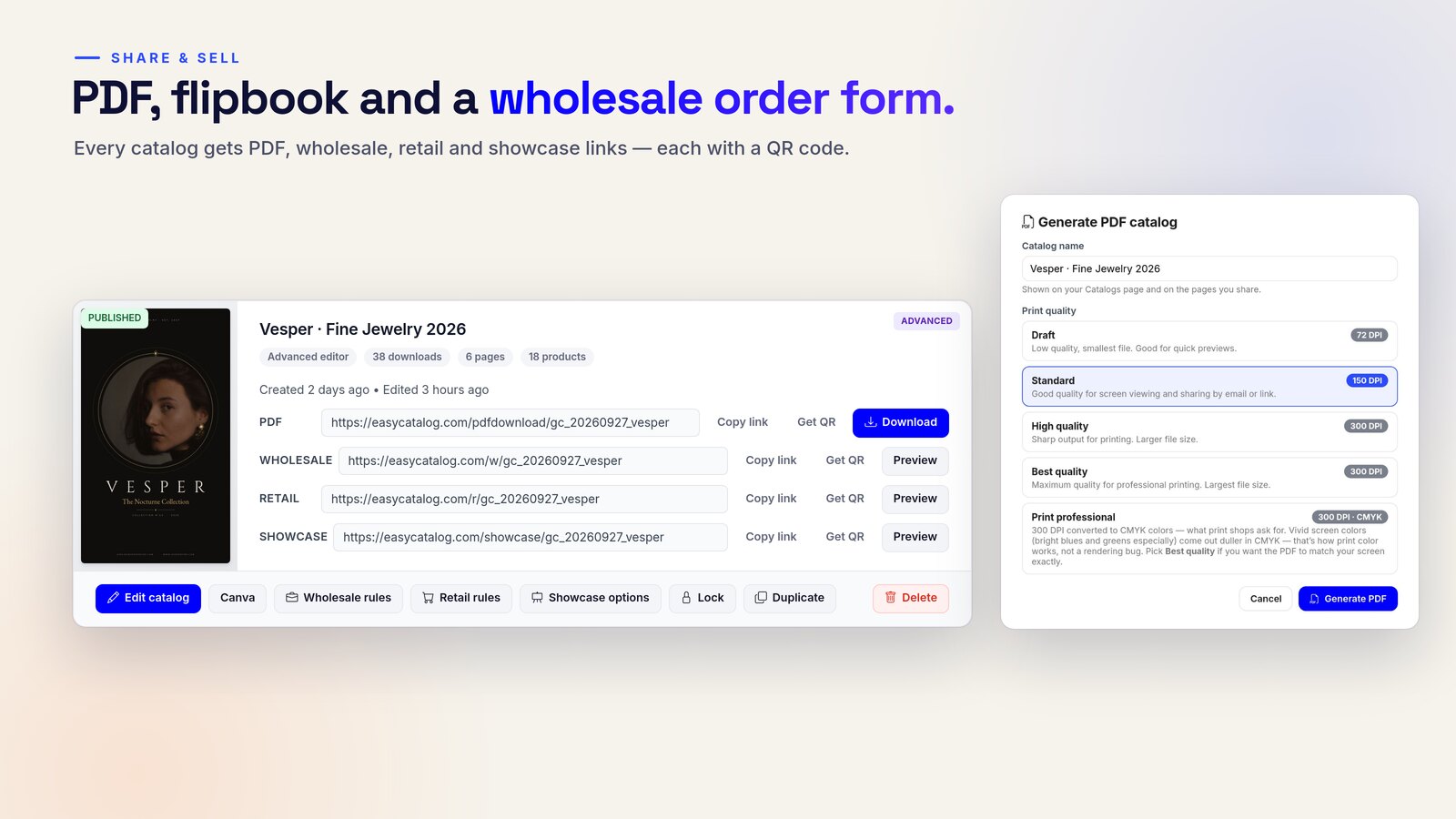 A published catalog with PDF, wholesale, retail and showcase links, and the Generate PDF dialog